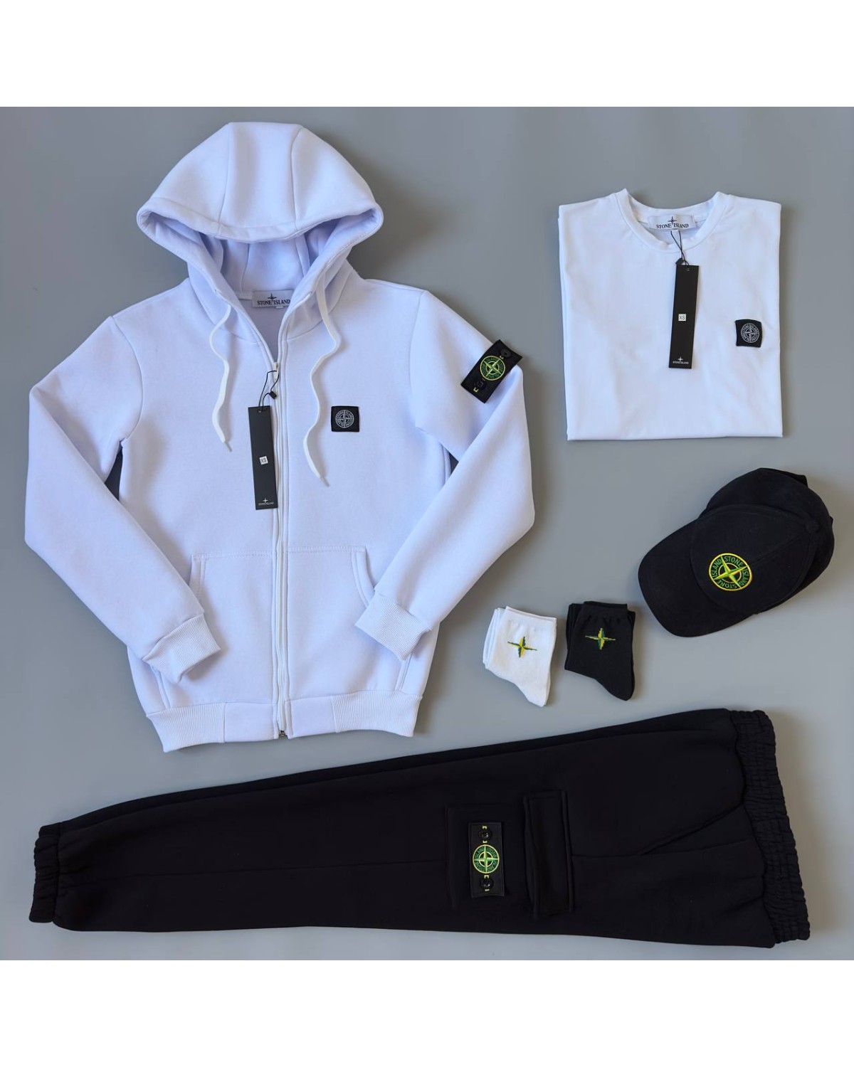 Комплект Stone Island зіп - худі біле - штани чорні - футболка біла - кепка чорна