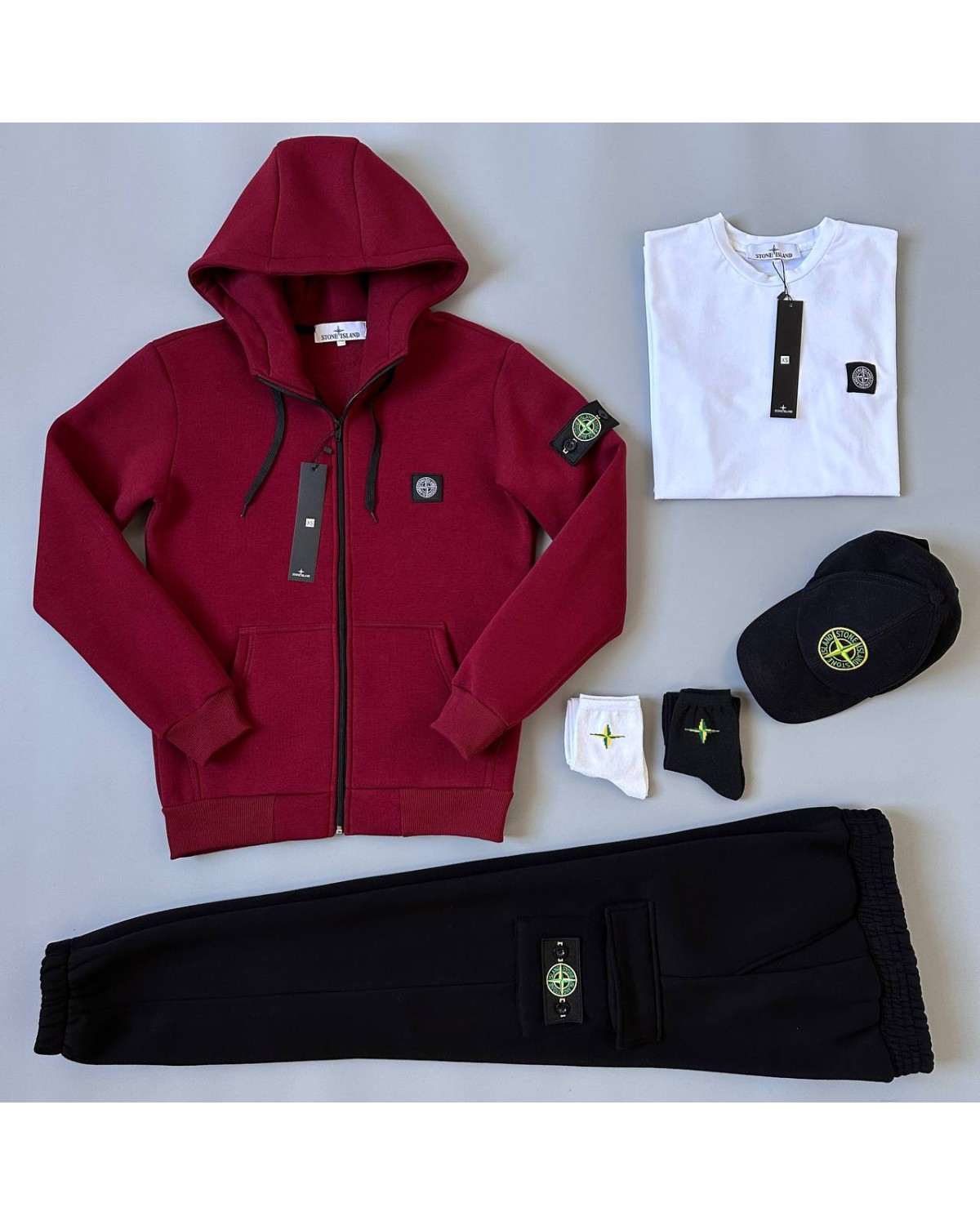 Комплект Stone Island зіп - худі бордове - штани чорні - футболка біла - кепка чорна