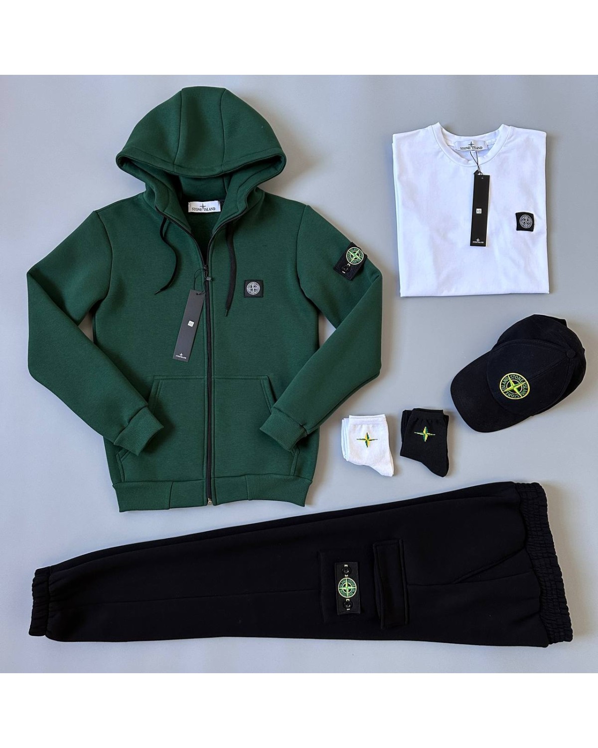 Комплект Stone Island зіп - худі хакі - штани чорні - футболка біла - кепка чорна