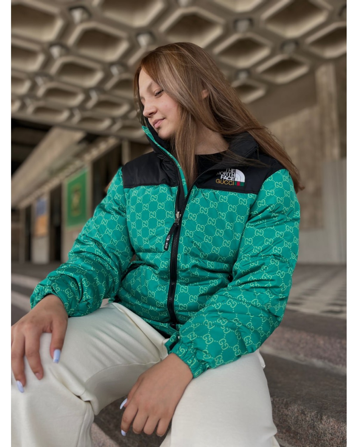 Пуховик The North Face x Gucci зелений