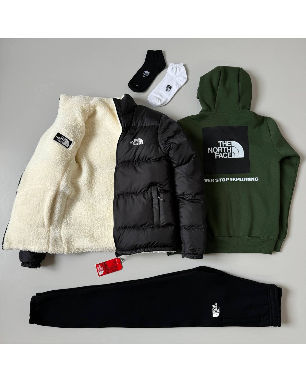 Комплект The North Face: куртка x зіп худі зелений x штани