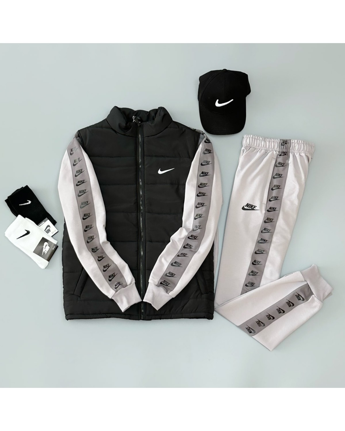 Комплект Nike Lampas Zip костюм світло - сірий х жилетка матова чорна х кепка чорна